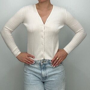Cream Ribbed Button-Up Cardigan